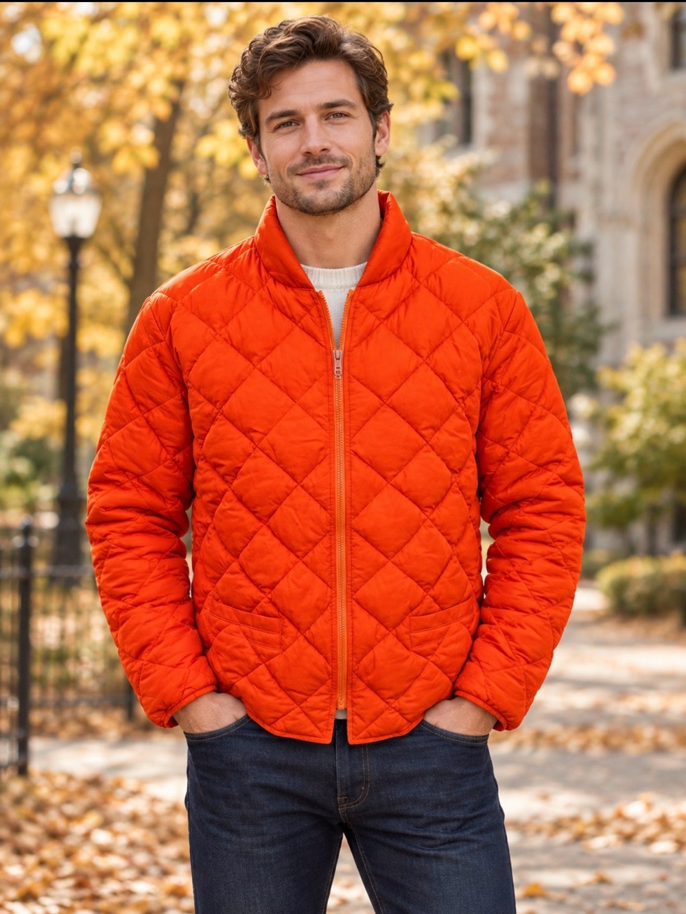 J. Crew Men's Bright Orange Quilted down puffer Jacket size m removable sleeves